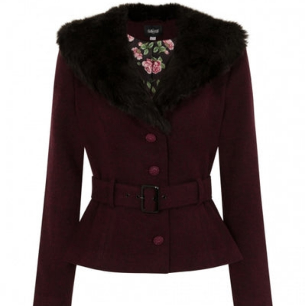Collectif Wine Molly Jacket, belted waist removable faux fur collar, XL NWT